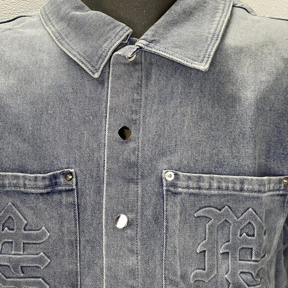 NEW MIXED EMOTION Paisley Denim Short-Sleeve Snap-Down Shirt – Blue – Size M - Picture 14 of 15